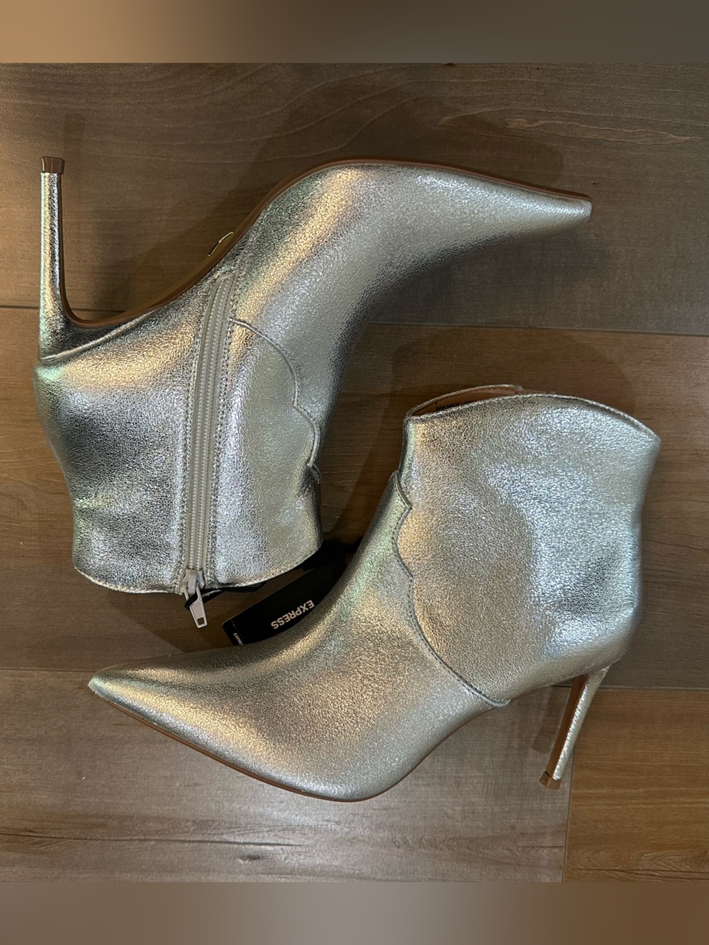 Express Metallic Silver Pointed Toe Stiletto Ankle Booties